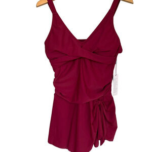 Kate Kasin Swim Dress NWT Women's Large Ruched Burgundy V-Neck Wide Strap